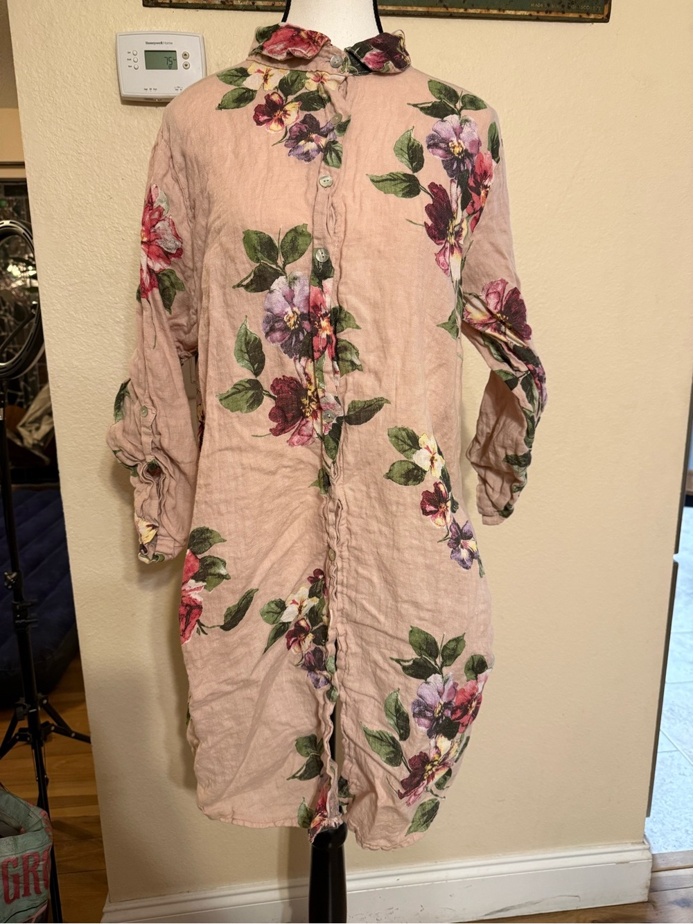 Made in Italy Women Floral Print Button-Up Long Sleeve Blouse Tunic linen dress